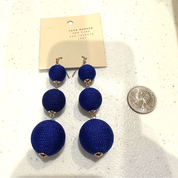 NWT Club Monaco Earrings- triple royal blue fabric baubles, gold tone - Picture 5 of 6